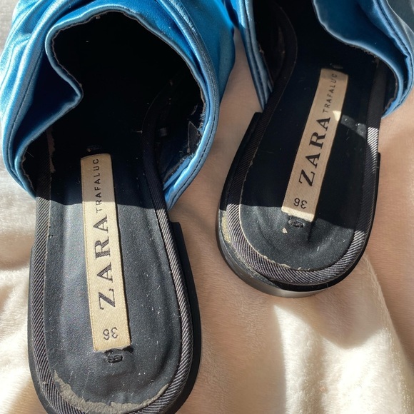 ZARA Trafaluc Teal Blue Satin Pointed Toe Mules – Ruched Slip-On Heels - Picture 6 of 10